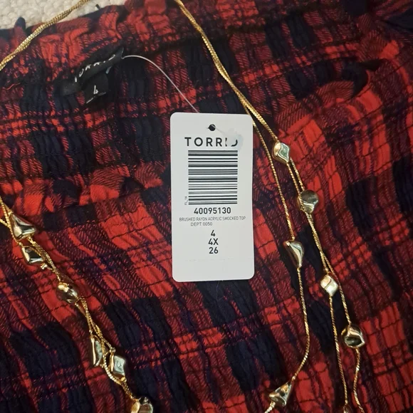 Torrid Red and Blue Smocked Peplum Blouse with 3/4 Sleeves - Picture 4 of 5